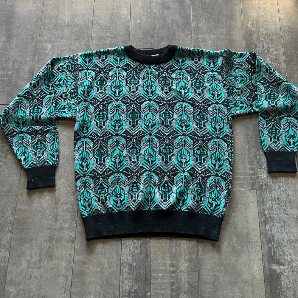 Vintage Turquoise & Black Sweater 100% Acrylic Sweater - Size Medium